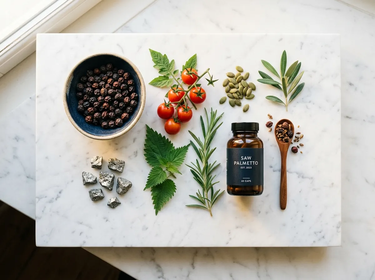 Saw palmetto berries, zinc minerals, lycopene tomatoes and green leaves - natural ingredients for men's wellness supplement