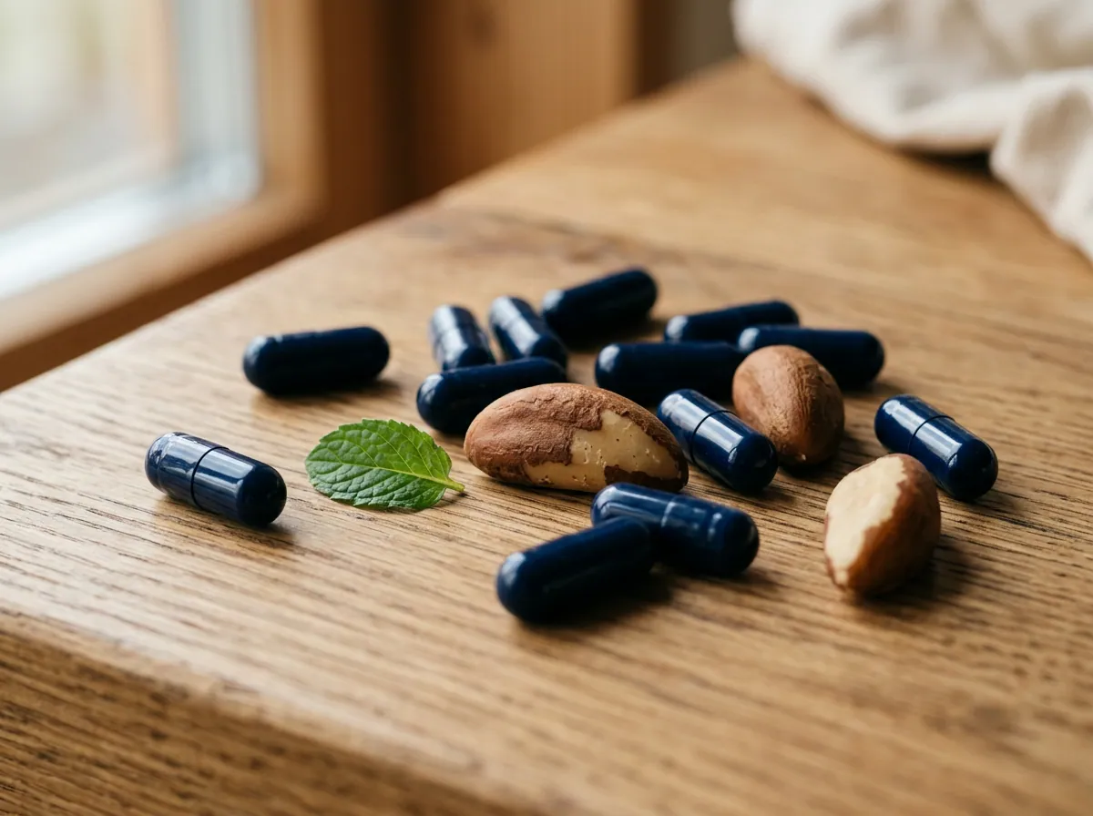 Plant-based men's health supplement capsules with botanical ingredients, lycopene and selenium sources