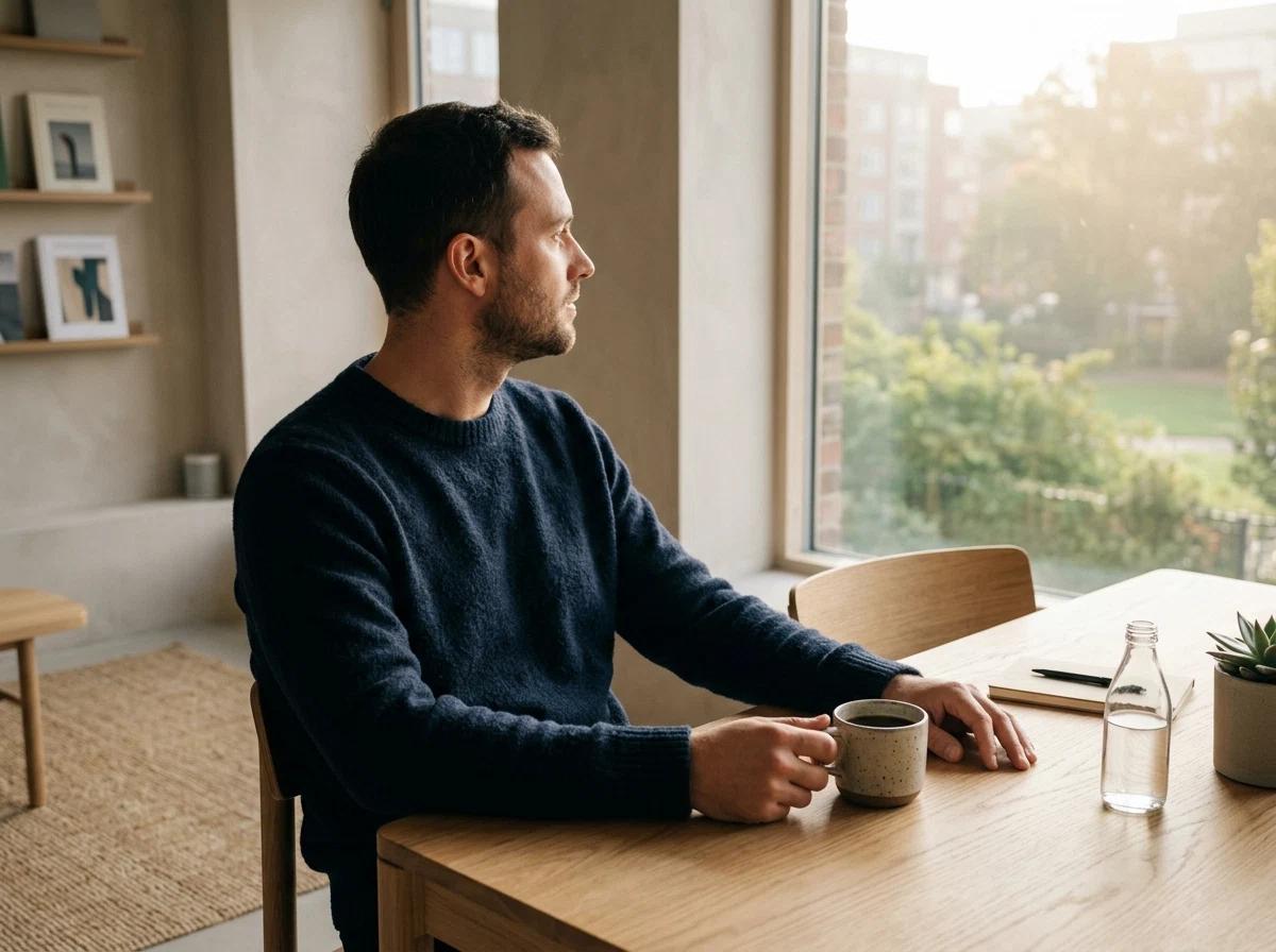 Man relaxed at a modern table looking out morning window, active lifestyle wellness