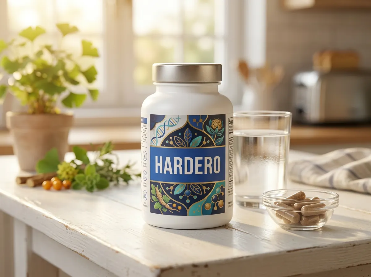 Hardero supplement bottle with glass of water, men's daily wellness routine