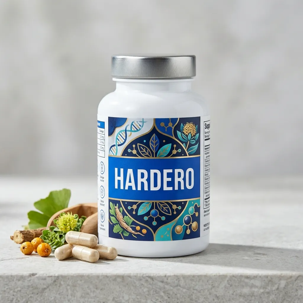 Hardero men's wellness supplement bottle, dark navy glass, 60 capsules